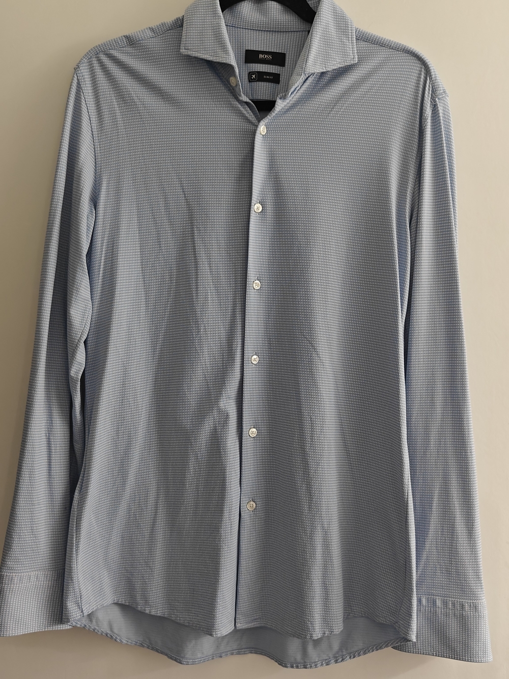 BOSS Hugo Boss Jason Slim Fit Blue/White Check Dress Shirt 15.5 32/33 Stretch